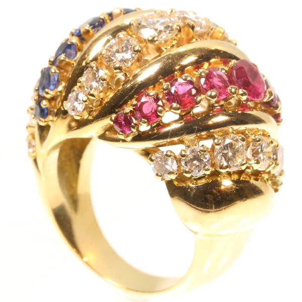 Impressive Fifties Cocktail ring with three diamond rows alternating with rubies